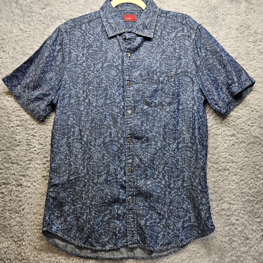 & Sons Garment Co Mens Blue Button Up Shirt Paisley Chambray Size Medium